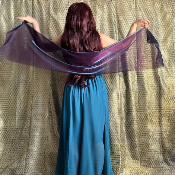 Purple scarf with turquoise shiny effect. Good as mini Veil for Belly Dance. New - Picture 2 of 3